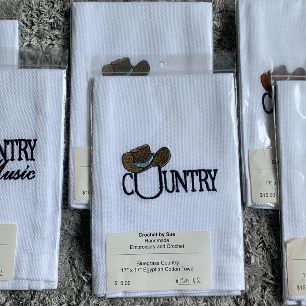 Set of (6) Country Music Handmade Embroidery Egyptian Cotton Towels